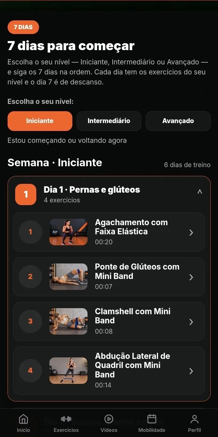 Tela do plano 7 dias para começar no app, com a escolha de nível Iniciante, Intermediário ou Avançado